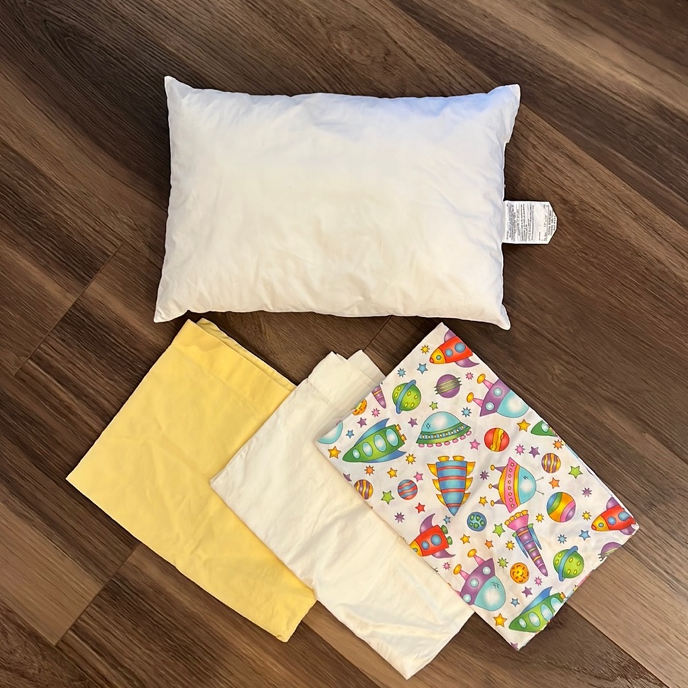 Small crib pillow 13”x18” with x3 cotton pillow covers